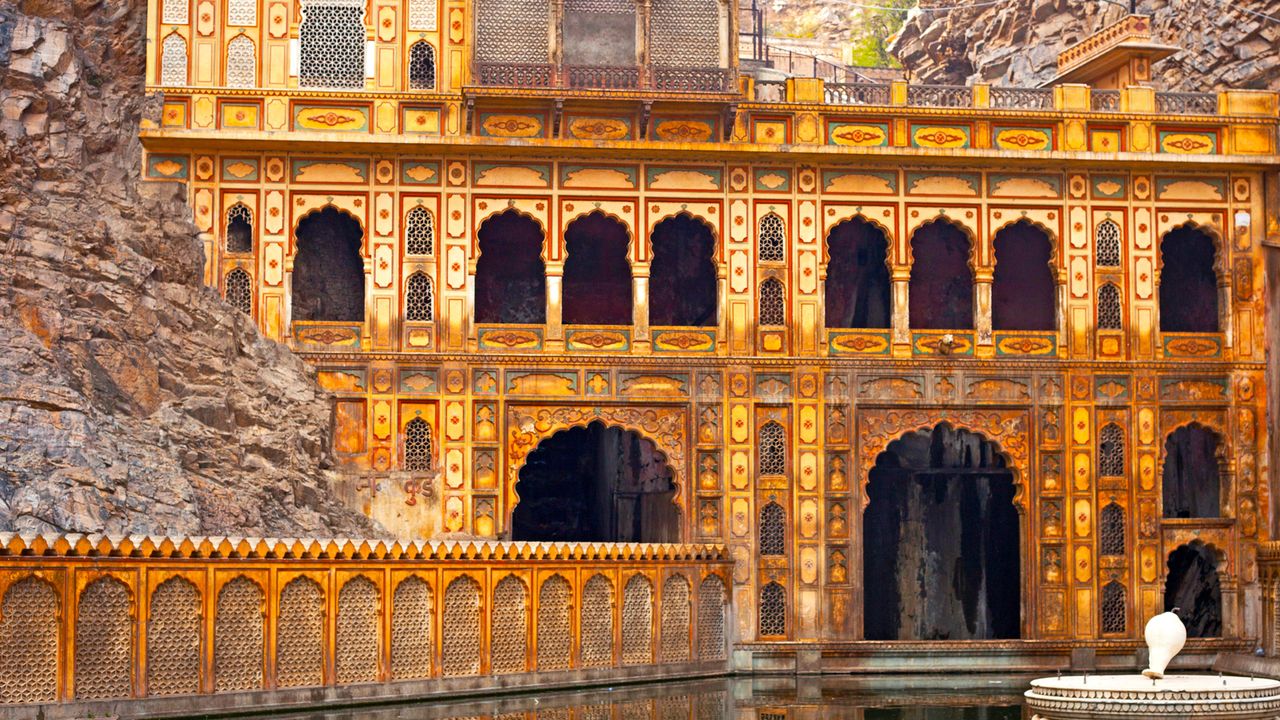 Galtaji Temple ornate facade, Jaipur, Rajasthan, India
