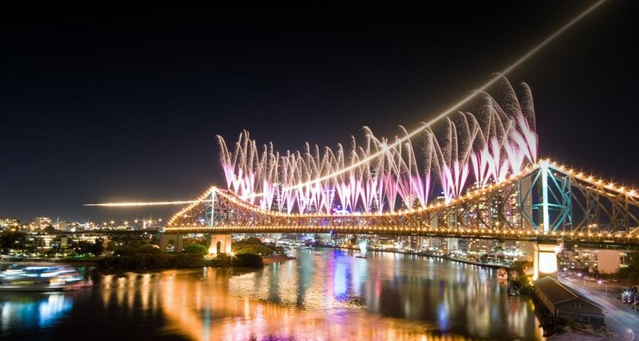 The opening spray of fireworks off the Story Bridge, Brisbane