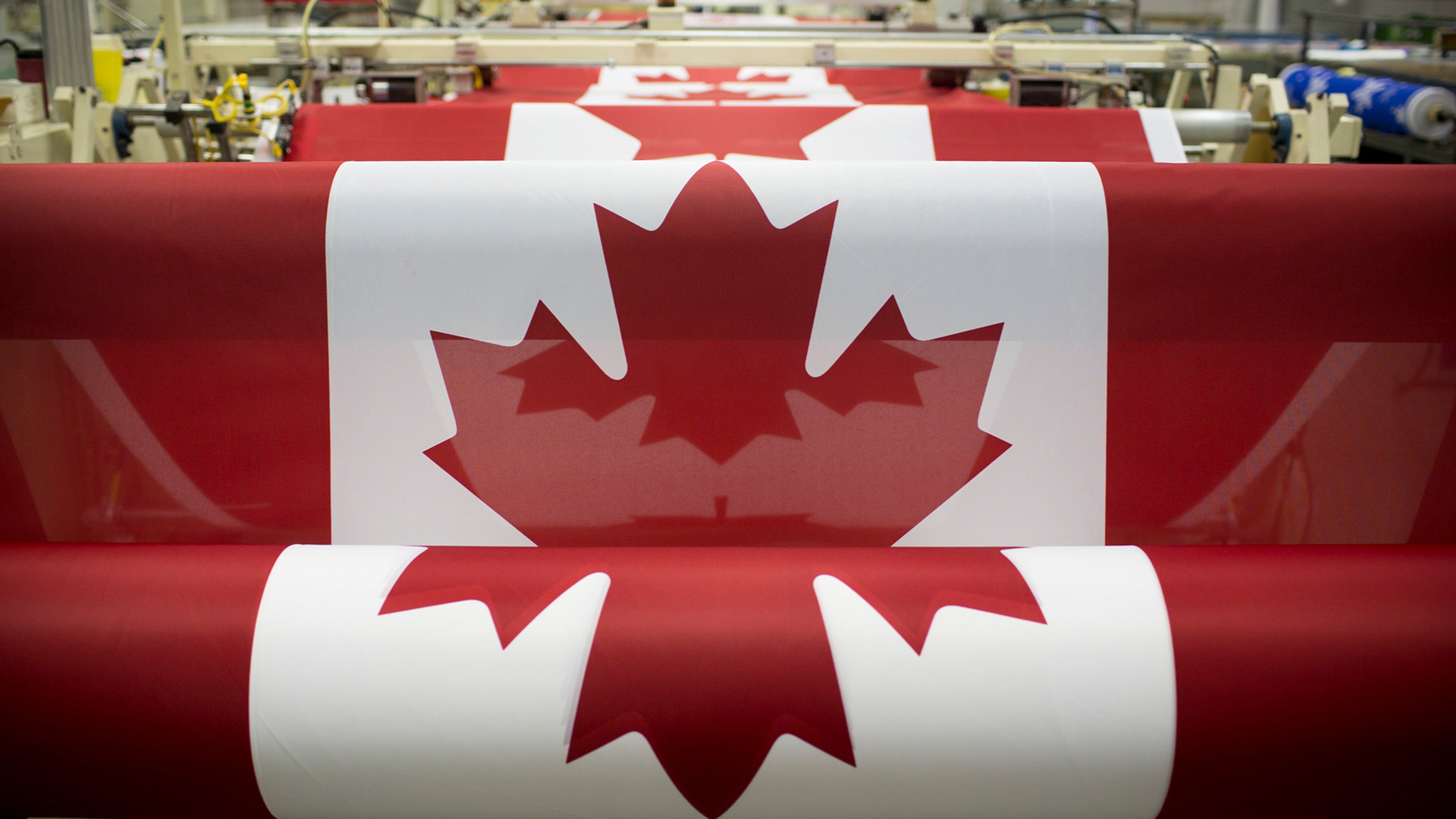 Canadian flags are printed at the Flags Unlimited facility in Barrie