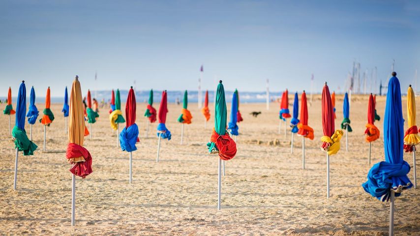 Parasols colorés sur la plage de Deauville, Calvados, Basse-Normandie