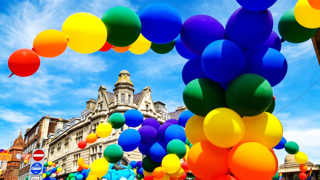 Rainbow balloons at the pride parade in Brighton, East Sussex, England