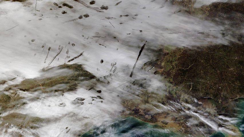 From NASA’s Terra satellite, an image of fallstreak holes in clouds over the southern United States