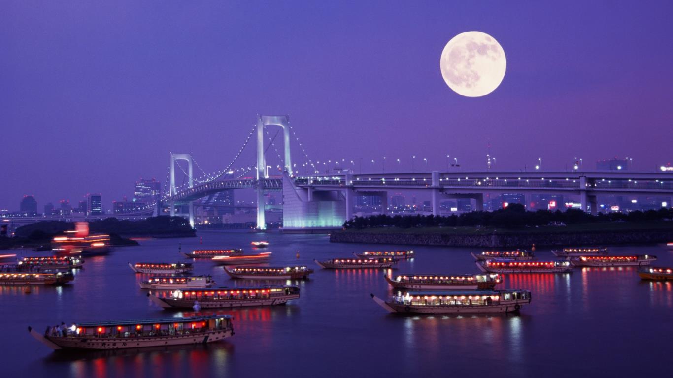 レインボーブリッジと満月 東京 お台場 Bing Photo