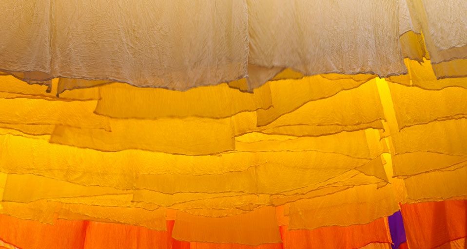 Skeins of fabric hung out to dry in the dyers’ souk, Marrakech, Morocco