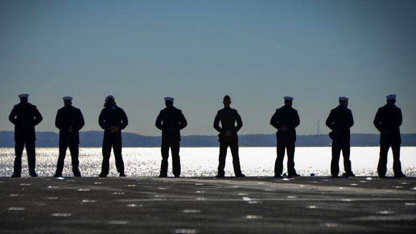 Sailors on the amphibious assault ship USS Iwo Jima on New York's Hudson River during Veterans Week, 2016