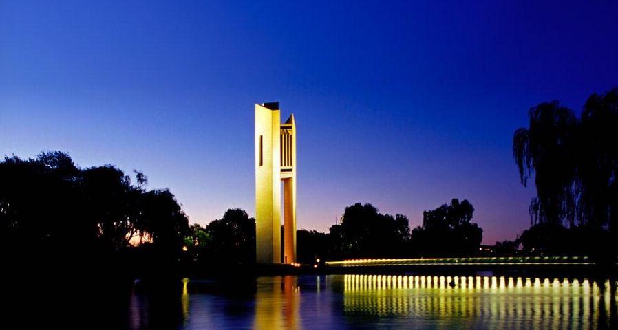 National Carillon reflected in Lake Burley Griffin at dusk, Canberra, Australian Capital Territory (ACT), Australia