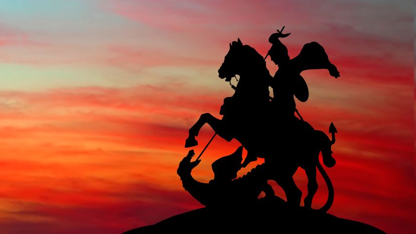 Monument to St George and the Dragon at sunset, Moscow, Russia