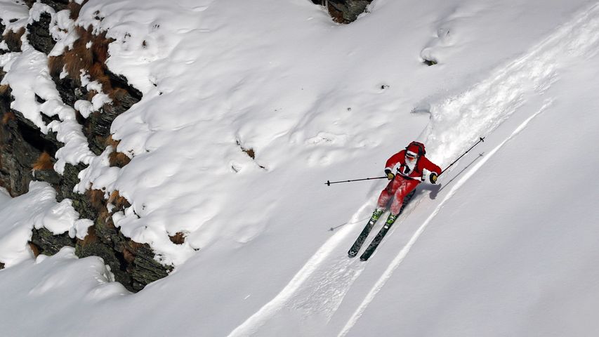 Skier dressed as Santa in Verbier, Switzerland