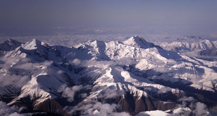 The twin peaks of Mount Ushba in the Greater Caucasus mountain range