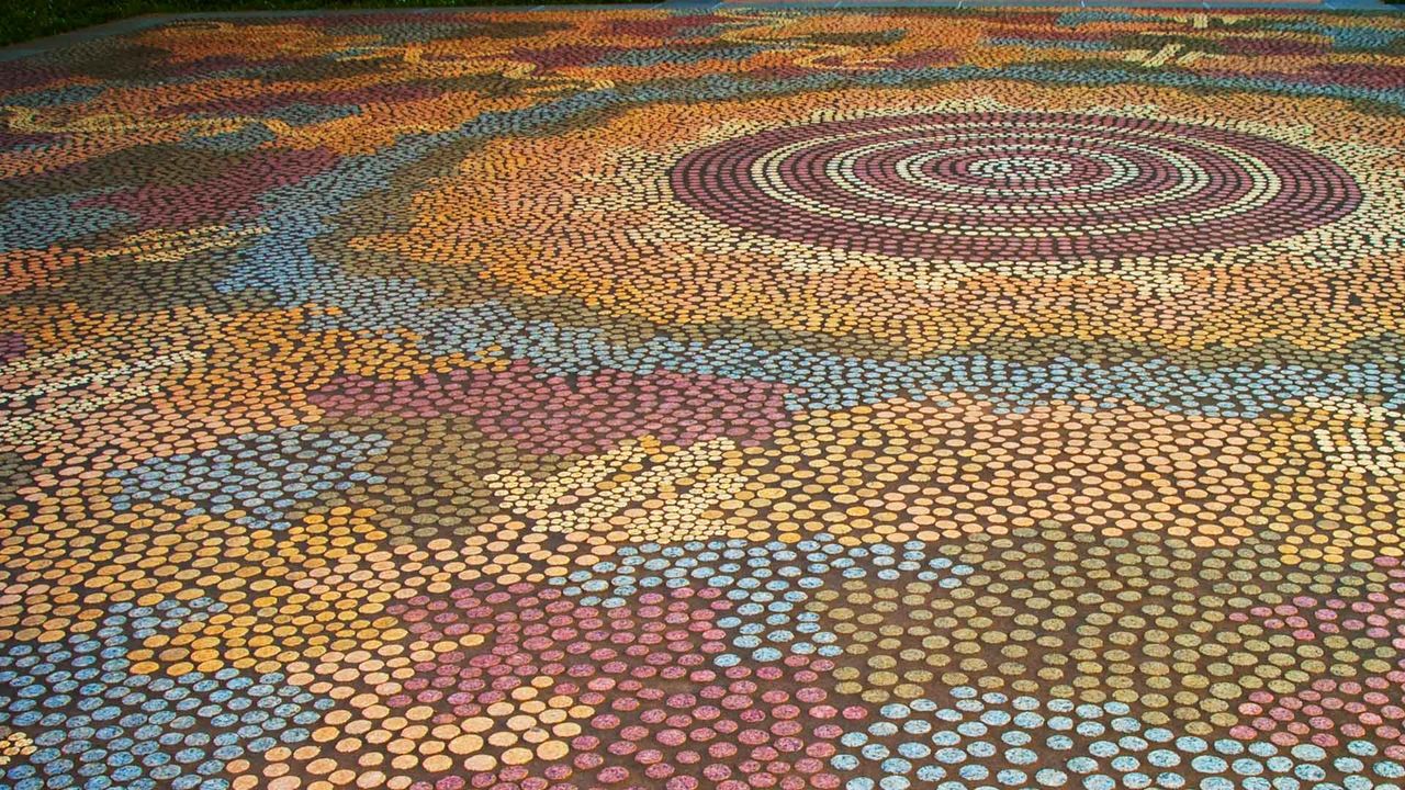 Mural of Papunya Tula artist Michael Nelson Tjakamarra’s ‘Possum and Wallaby Dreaming’ at Parliament House, Canberra 
