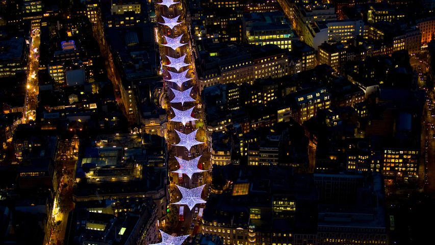 Aerial view of Christmas lights along Regent Street in London 