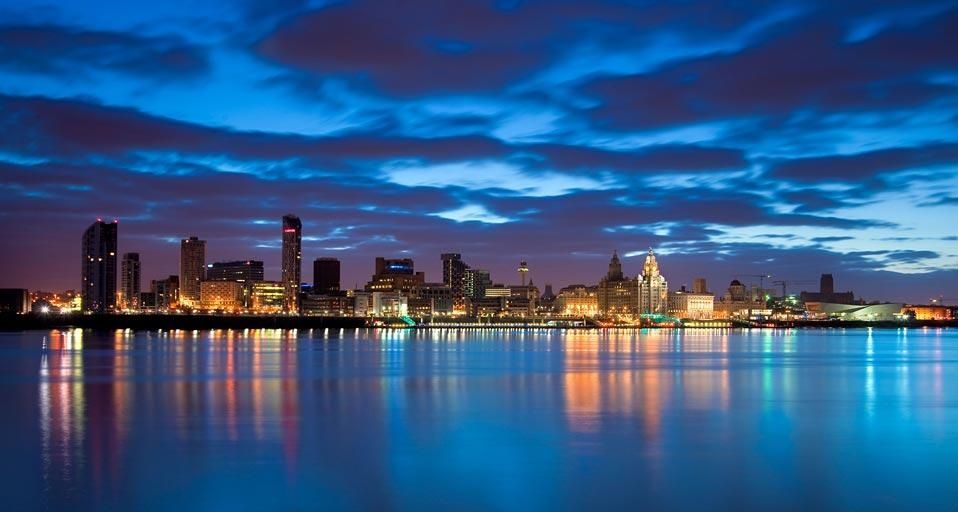 Evening view of reflections in the Mersey river, Liverpool