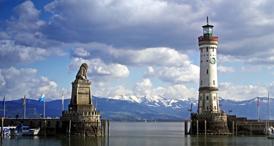 Lindau Harbor, with lighthouse and lion statue, on Lake Constance, Bavaria, Germany