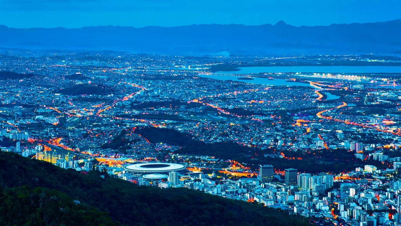 Rio de Janeiro including Maracanã Stadium illuminated at night, Brazil 