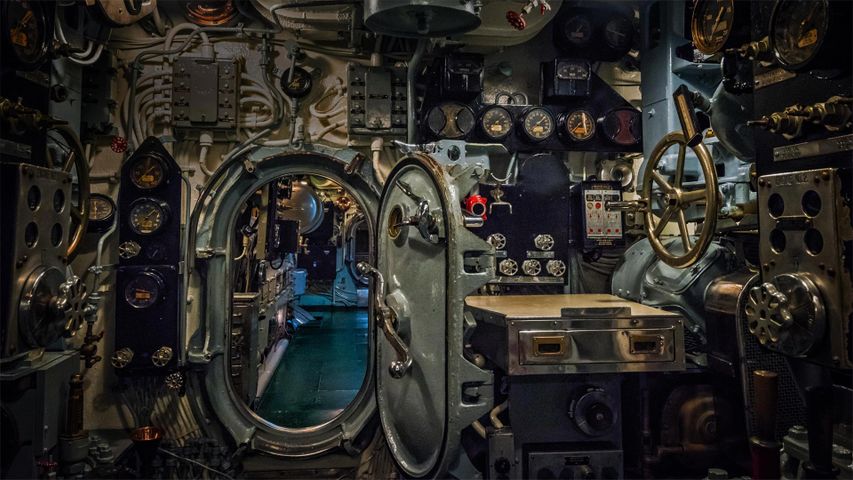 Forward engine room of the USS Drum, a Gato-class submarine at Battleship Memorial Park, Mobile, Alabama