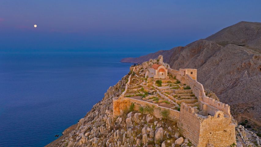 Ruins of the medieval castle of the Knights of St. John above the village of Chorio, Halki Island, Greece
