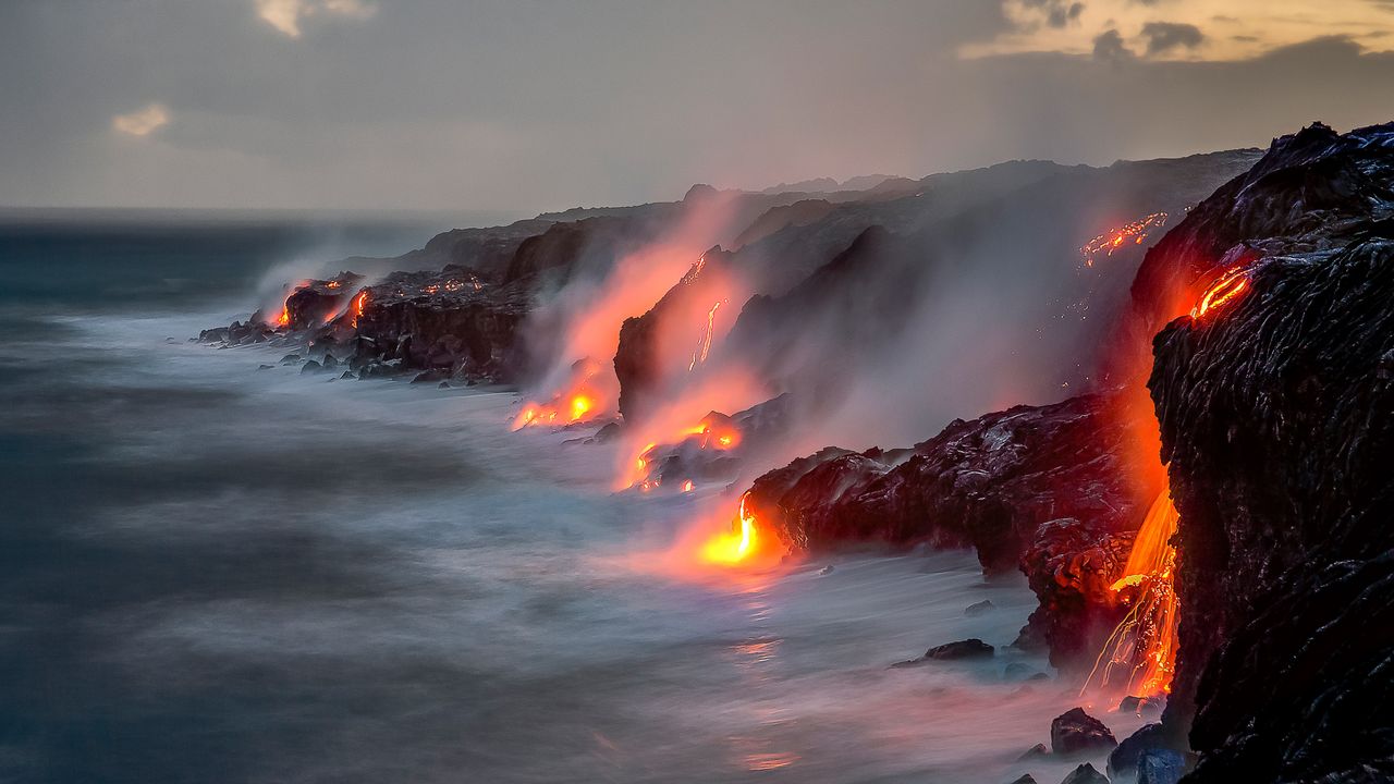 A series of lava flows spill into the ocean, Big Island, Hawaii, United States