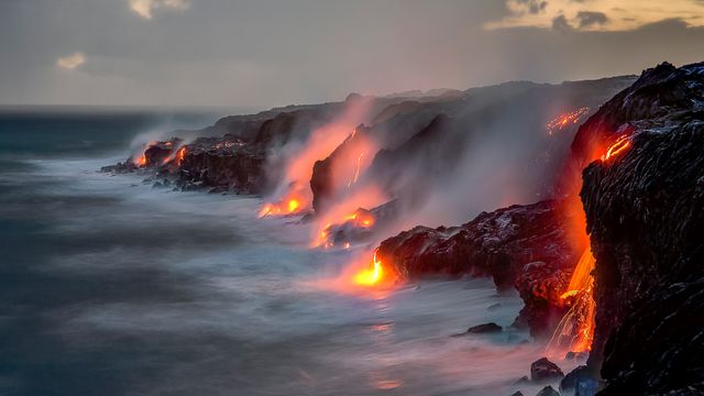 A series of lava flows spill into the ocean, Big Island, Hawaii, United States