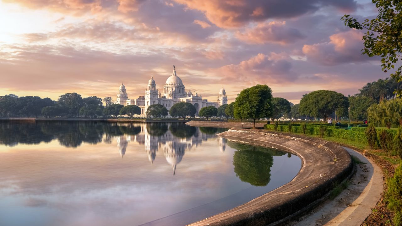 Victoria Memorial with adjoining garden and lake in Kolkata, India