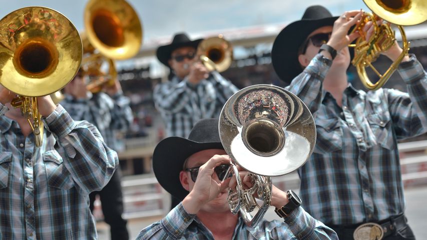 Members of the Calgary Stampede marching band in action, during the Calgary Stampede 2016