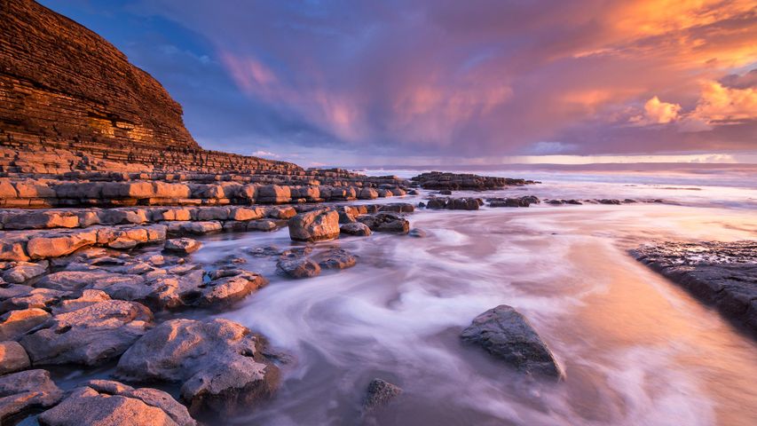 Sunset over Nash Point on the Glamorgan Heritage Coast, South Wales in winter.