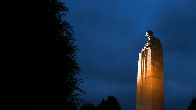 The Canadian 'Brooding Soldier' memorial commemorating the second battle of Ypres, St. Julien, Belgium