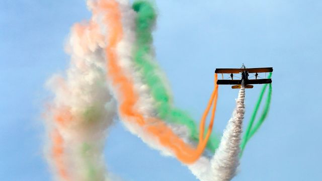 Aerobatics during an Aero-India Show at the Yelahanka Airforce Station in Bangalore