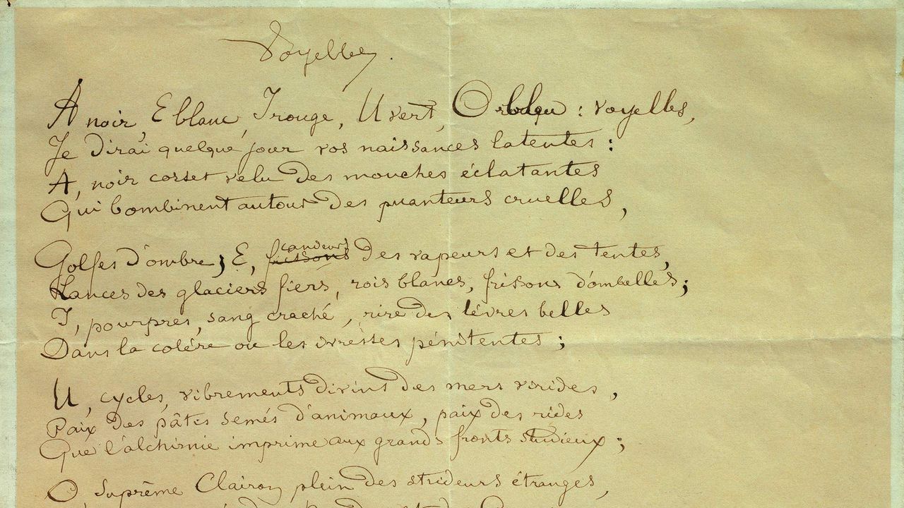 Manuscrit du poème « Les Voyelles » par Arthur Rimbaud (1854-1891),  Musée Arthur Rimbaud, Charleville-Mezieres