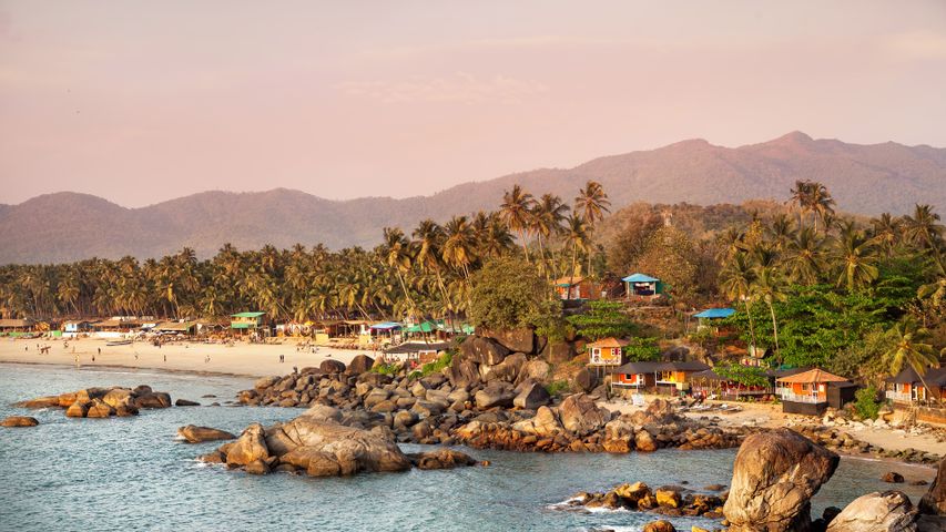 Beach with bungalow and coconut palm trees at Palolem in Goa, India.