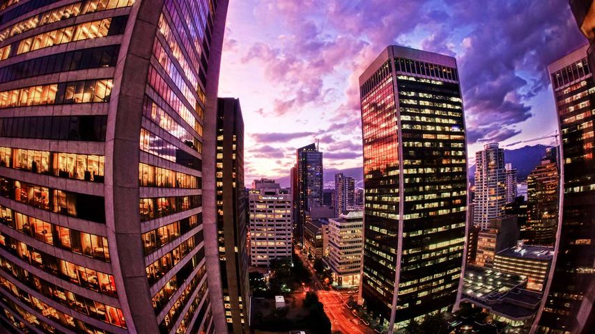 Downtown Vancouver fisheye perspective of a beautiful sunset