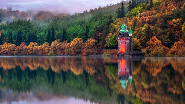 The straining tower at Lake Vyrnwy in Powys, Wales
