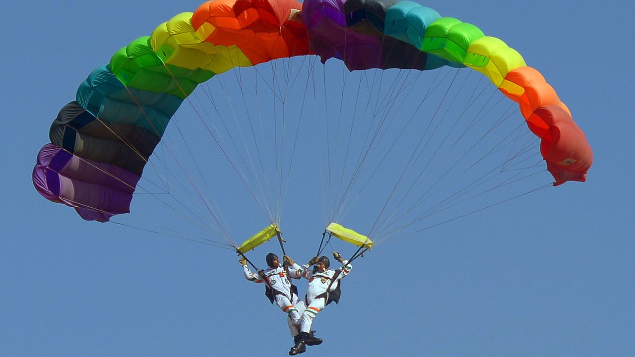 Akash Ganga, the 14-member skydiving team of the Indian Air Force in action