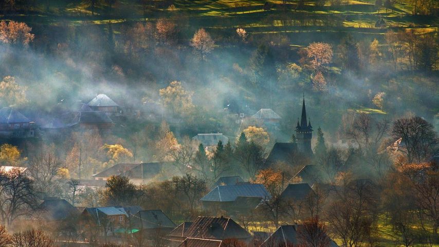 薄雾笼罩的特兰西瓦尼亚乡村，罗马尼亚 