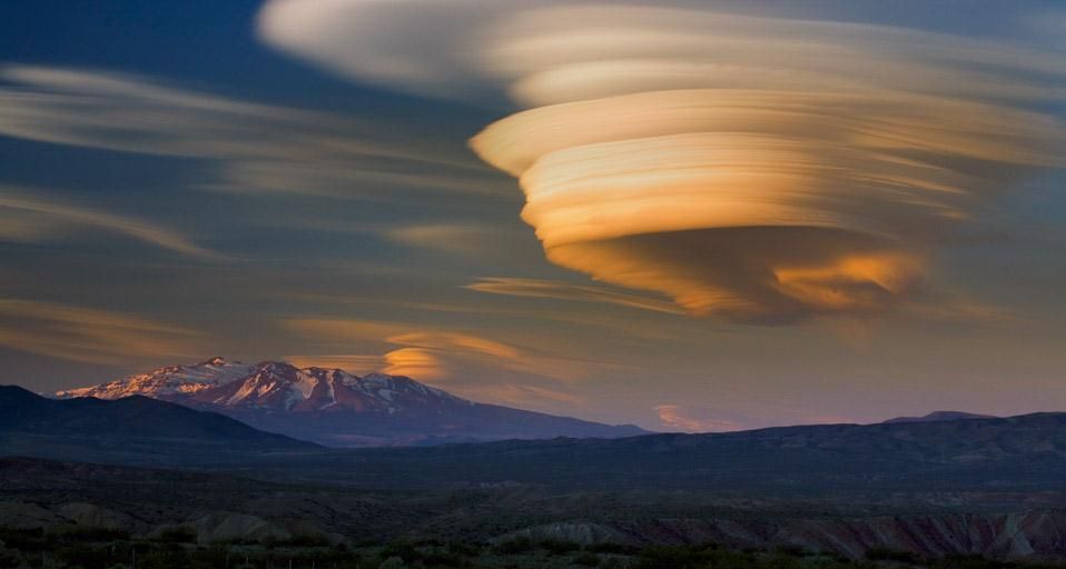 Lenticular cloud sunset over extinct volcano, Patagonia, Argentina