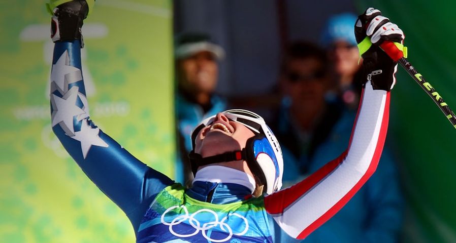 Lindsey Vonn of the USA celebrates after completing the Alpine Skiing Ladies Downhill at the Vancouver 2010 Winter Olympics on February 17, 2010