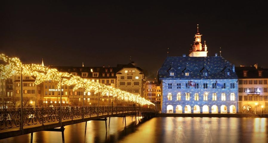 Lucerne Town Hall illuminated with Christmas lights by artist Gerry Hofstetter, Lucerne, Switzerland