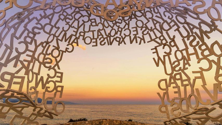 Detail of ‘Le Nomade’ by artist Jaume Plensa in Antibes, France 