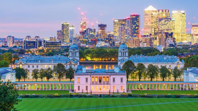 Night-time view of Greenwich Park and Canary Wharf, London