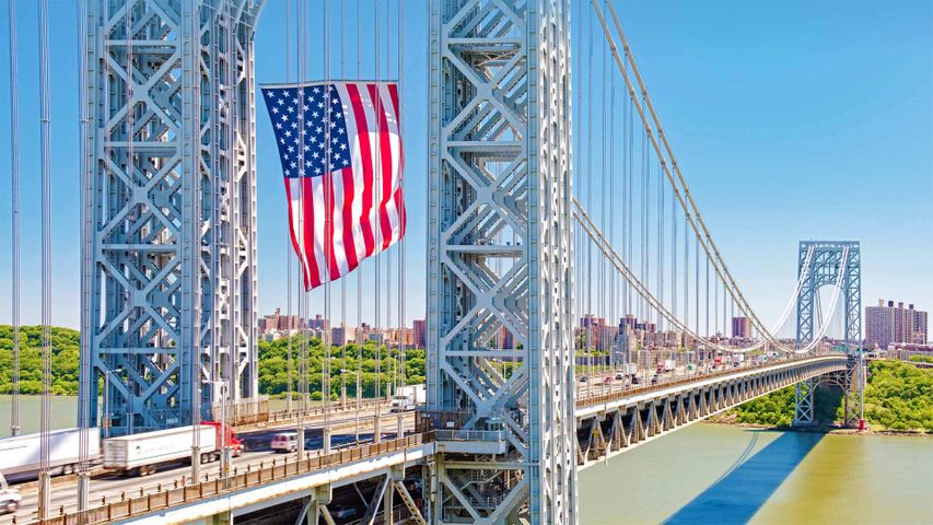 The George Washington Bridge displays the American flag in honor of Flag Day, June 14, 2016, Fort Lee, New Jersey