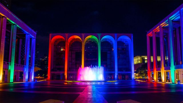 Lincoln Center for the Performing Arts lit in Pride colors on June 18, 2020 in New York City