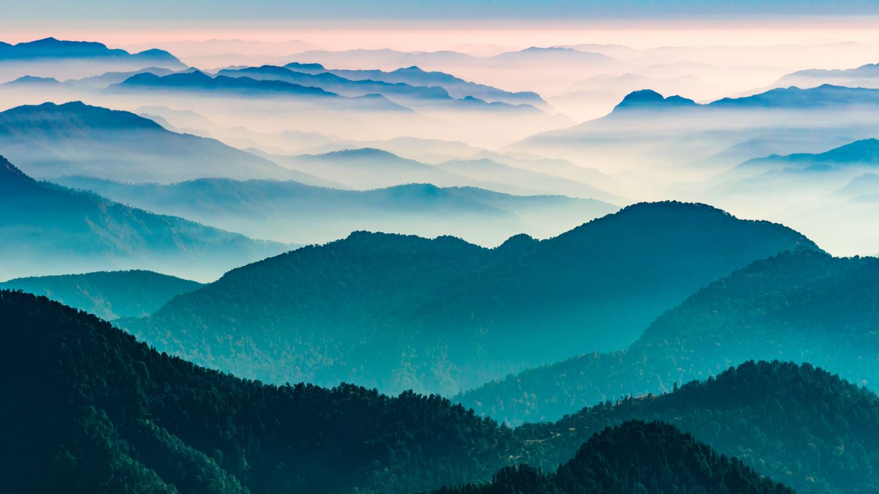 View of the Himalayas from Khalia top trek trail in Kumaon, India