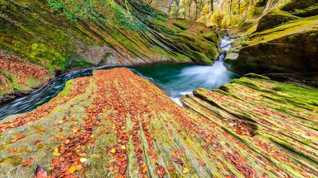 Le torrent Chéran s’écoulant au milieu des Alpes, Savoie