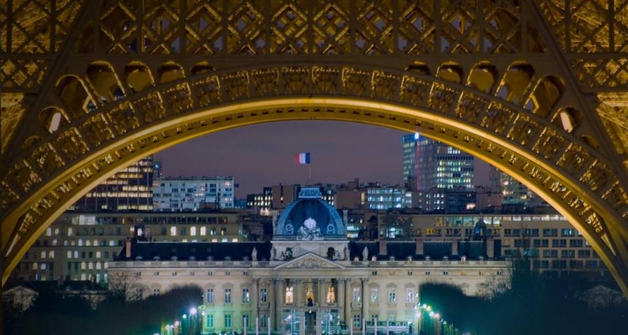 Night view of the École Militaire from the Eiffel Tower, Paris, France