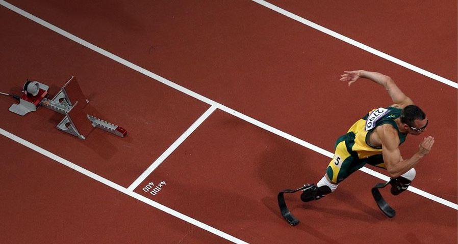 Oscar Pistorius competes at the Olympic Stadium in London, England