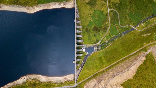 High angle view of Nant-y-Moch dam and reservoir, near Aberystwyth