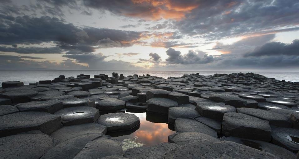 Sunset at the basalt columns of the Giant's Causeway, Londonderry, North Ireland