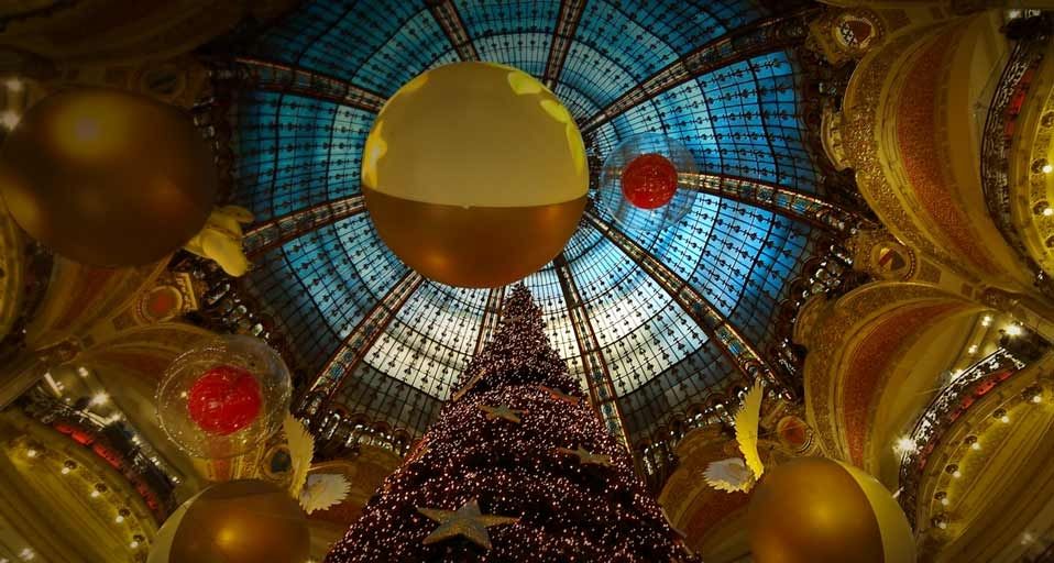 Holiday decorations inside Galeries Lafayette in Paris, France