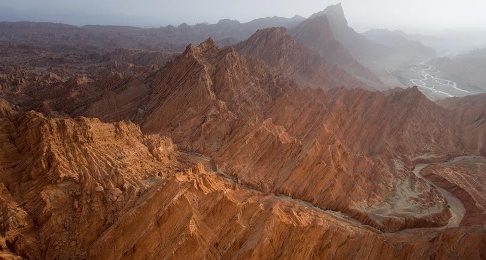 Vertically oriented sandstone formations in Kuqa Canyon, Xinjiang Uygur Autonomous Region, China. Locals call it the Tian Shan Grand Canyon