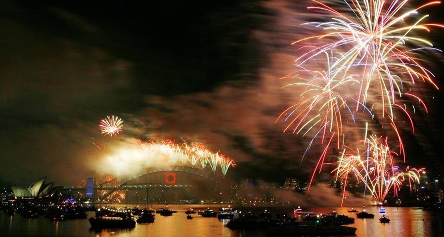 The New Year's Eve fireworks based on the theme 'Awaken the Spirit' explode over the Sydney Harbour Bridge on January 1, 2010