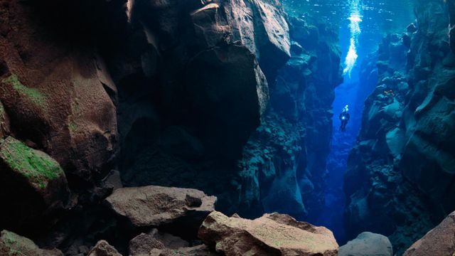 Diver in the Silfra, Thingvellir Lake, Thingvellir National Park, Iceland
